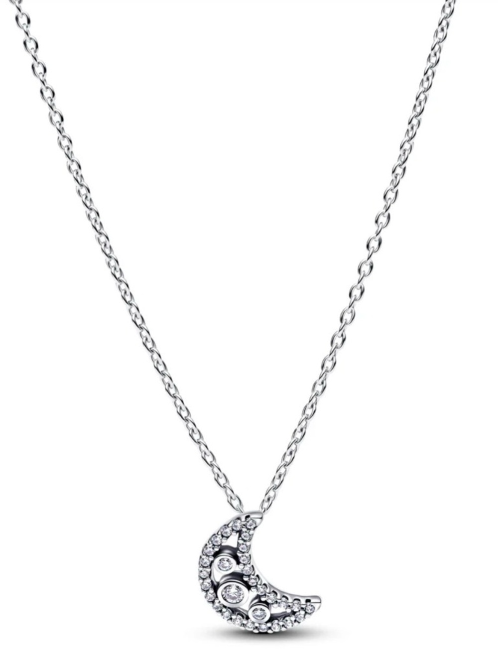 Silver Crescent Moon Pendant Necklace with Clear Crystals